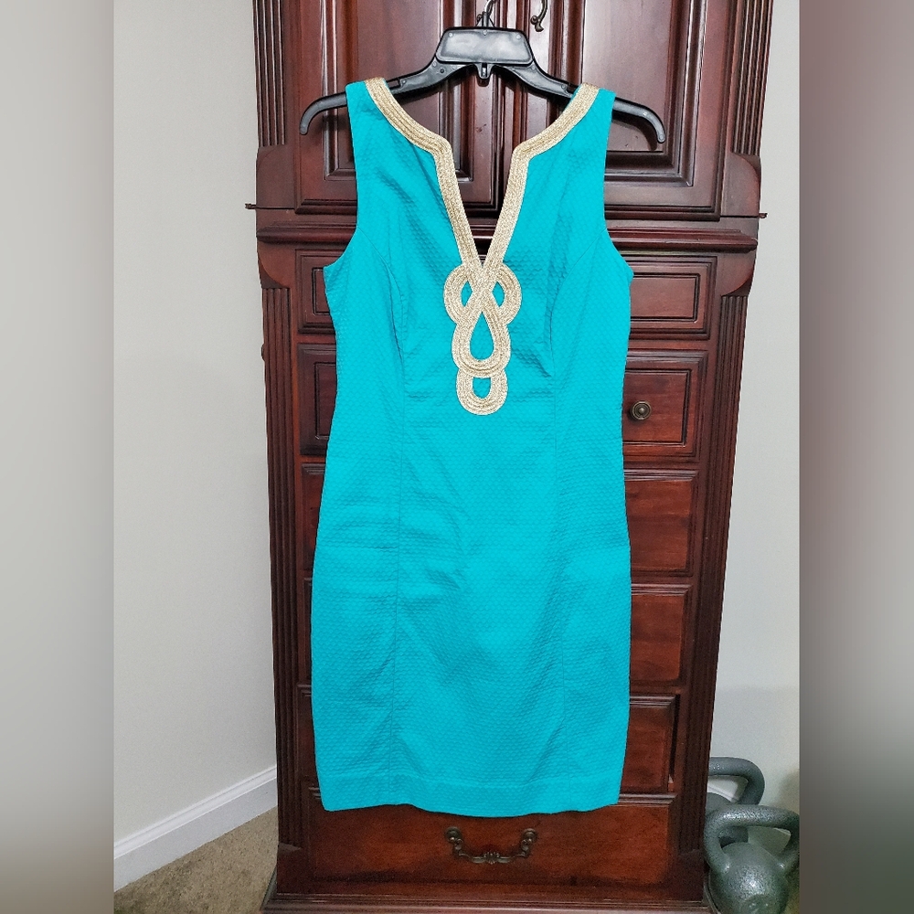 Turquoise Sleeveless Dress with Gold Trim